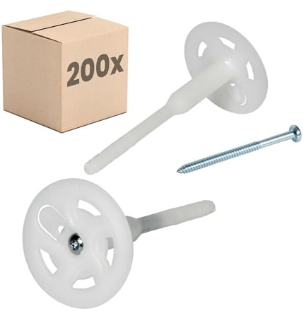 PROTEKTOR 200x Dämmstoff-Schraubdübel Ø8 x 140mm | WDVS Dübel für Fassadendämmung, für Wärmedämmverbundsysteme, für Styropor und Mineralwolle, Tellerdübel, Isolierdübel