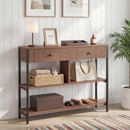 Manroa Konsolentisch Schmal Holz mit Schubladen 100 cm breit,Modernes Schmales Sideboard mit Schönen Linien, 3-stufige Anrichte Flurtisch mit Stauraum für Flur, Wohnzimmer, Schlafzimmer (Nussbaum)