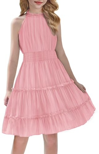 Arshiner Vestido Sin Mangas para Niñas Elegante Vestido Fiesta Gasa Rosa Cuello Redondo Cintura Vestido Informal Niños Vestido Festivo de Liso Vestido de Cumpleaños 6-7 Años