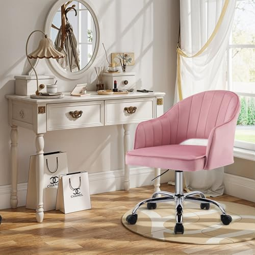 Fiximaster Schminkstuhl, Schminktisch Stuhl, SamtStuhl, Drehstuhl, U-förmiger Tiefsitz, Höhenverstellbar, Ergonomischer, für Arbeitszimmer, Schlafzimmer, bis 113 kg belastbar Rosa