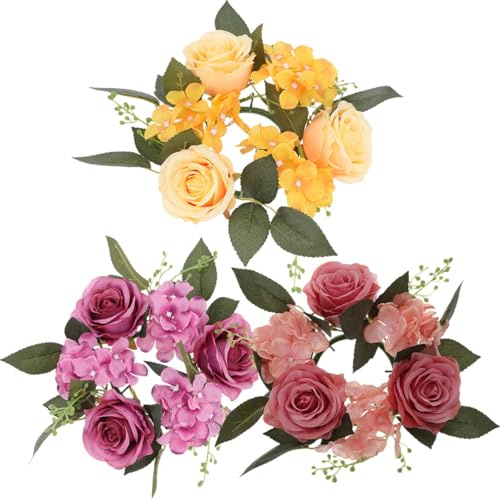 FOYTOKI 3 Stück Kerzenständer Blumenkranz mit Künstlichen Rosen Kunststoff und Stoff Tischdekoration für Hochzeit und Party