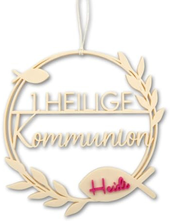 AfHandmade Türkranz zur 1. Heiligen Kommunion, Personalisierbar mit Namen, 3D-Druck, Beige, Rund, 23 x 23 cm