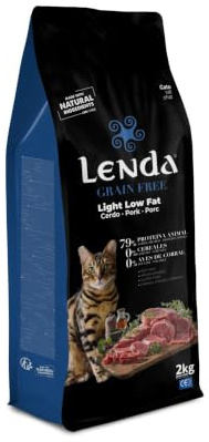 Lenda Grain Free Light y Low Fat 2kg - Pienso Hipoalergenico para Gatos Adultos y Senior de Conejo y Cerdo Sin Cereales - Comida para Gato Bajo en Grasa con Probioticos y Omega 3 - No Grain
