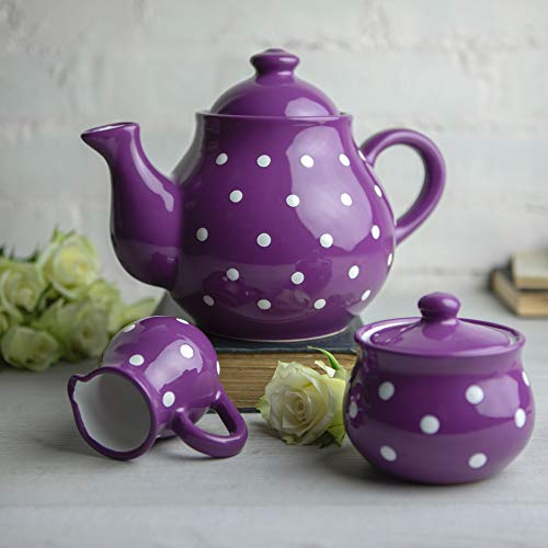 City to Cottage Purple and White Polka Dot Handmade Hand Painted Ceramic Large 1,7l/60oz/4-6 Cup Teapot, Milk Jug, Sugar Bowl Set
