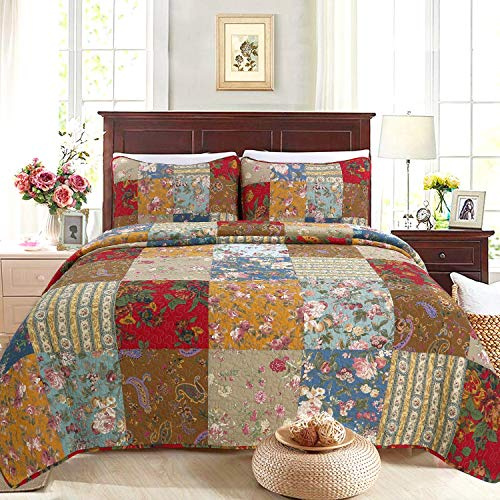 Cozy Line Home Fashions 100% Cotton Hand Piecing Real Patchwork Floral Plaid Country Farmhouse Reversible Quilt Bedding Set Coverlet Bedspread for All Seasons (Khaki Red, Queen - 3 Piece)