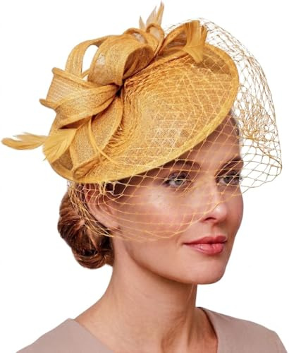 Caprilite Sinamay Fascinator mit Untertasse, Fascinator, für Hochzeit, Ascot-Hut, Vogelkäfig-Schleier, gelb, Einheitsgröße