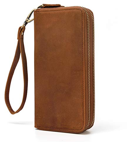 LUUFAN EURNEL Leder Brieftasche Doppelte Reißverschluss Langes Geldbeutel großer Kapazitätsbeutel Kupplung Bag Handtasche Business Cash Karten Telefonhalter, Hellbraun