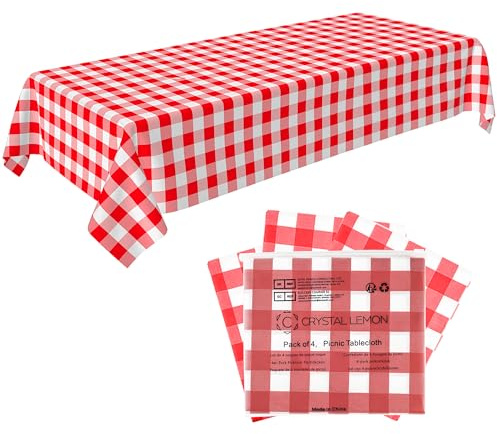 C CRYSTAL LEMON Disposable Picnic Tablecloths Pack of 4 – Red & White Gingham Vinyl Table Covers, Waterproof & Wipe Clean, Ideal for BBQs, Garden Parties & Events