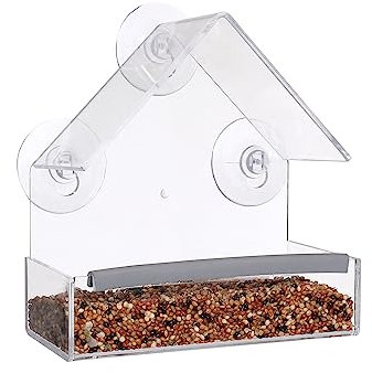 SUQ I OME Small Wild Window Bird Feeder with Strong Suction Cups and Seed Tray with Drain Holes, Small, Compact, Clear Acrylic, Easy Clean, Outside Feeders for Transparent Viewing（House)