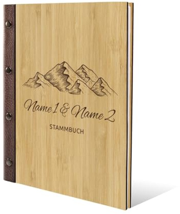 Stammbuch Bambus Cover Gravur individuell mit Echtleder Rücken und Extras A5 hoch 175x220mm - Berge
