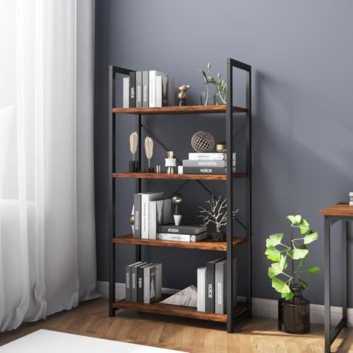 VERMESS 4-Tier Bookshelf, 24 inch Wood Bookcase with Open Shelves, Rustic Brown Book Shelf Storage Shelving Unit, Industrial Standing Bookshelves Metal Frame Display Rack for Living Room, Bedroom