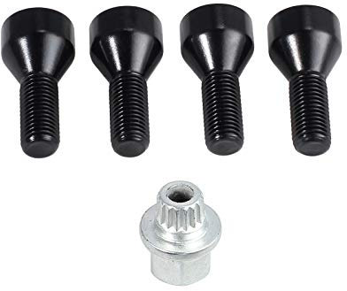 Bohaner Set di dadi di bloccaggio per ruota, 4+1, bulloni M12 x 1,5 in acciaio e dadi di bloccaggio per serie 1/3/5/6 M3, nero