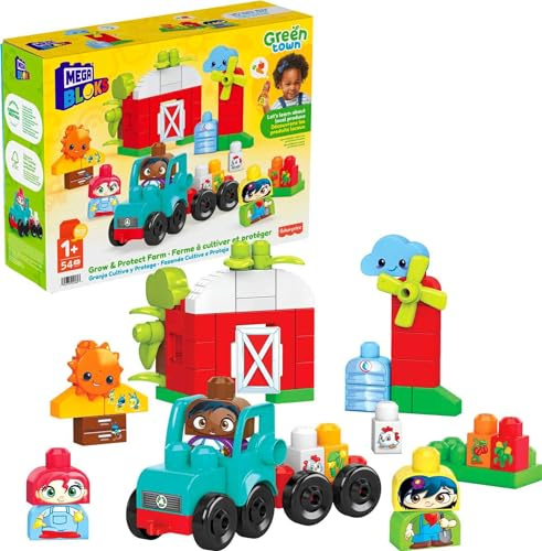 Mega Bloks Green Town Grow & Protect Farm - Playset with Tractor & 3 Buildable Characters - 54+ Building Blocks & Accessories - Gift for Kids 1+