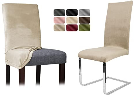 BEAUTEX Stuhlhussen Sets, Samt Mikrofaser Stuhlbezug, elastische Stretch Husse, Set -Größe und Farbe wählbar (Natur 6er Set)