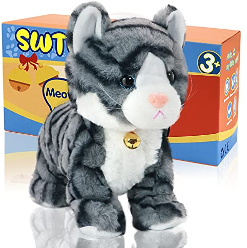 SWTOIPIG Interaktives elektronisches Plüschtier – Upgrade animierte Soundsteuerung, elektronisches Haustier, Roboter, Katze, Kätzchen, Spielzeug, Geschenke für Weihnachten (Asche)