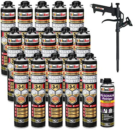 Isolbau Mauermörtel Set: 15x 750 ml PU-Mörtel 1x 500 ml Pistolenreiniger 1x Teflon Schaumpistole, PU-Reiniger, Montageschaum, Pistolenschaum