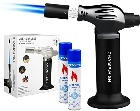 Pack de 1 Soplete Antorcha Cocina con Doble Llama, Recargable Butano Gas Precargado Culinario con Bloqueo de Seguridad + 2 Botellas de Gas Butano, para Bricolaje, Crema, Brulée, Postres, Soldadura