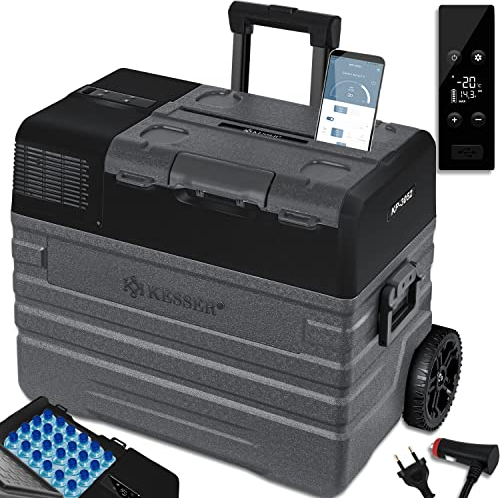 KESSER® Kompressor Kühlbox elektrisch Gefrierbox, 52 Liter Mit APP-Steuerung USB-Anschluss 12/24 V 230V, +Teleskopstange, 2x Kühlbox Räder Kühlschrank Kühlung bis -20 °C für Auto, Lkw, Boot + Kühlakku