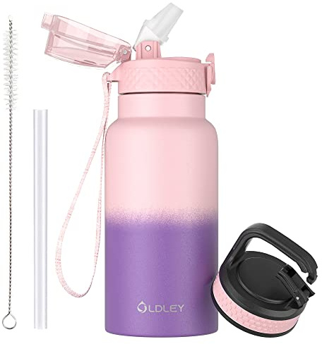 Oldley Botella Agua Aislada Acero Inoxidable para Niños 500ml/17oz con Pajita Metal Doble Pared al Vacío a Prueba Fugas Reutilizable Pequeña Botella con 2 Tapas Diferentes Bebidas Frías Calientes