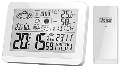 Miraval Moderne Design Funk-Wetterstation mit Aussensensor bennenbar Mondphase Sonnenaufgang Sonnenuntergang 2 Alarme Hygrometer Temperaturanzeige Datumsanzeige Wettervorhersage (Weiß)