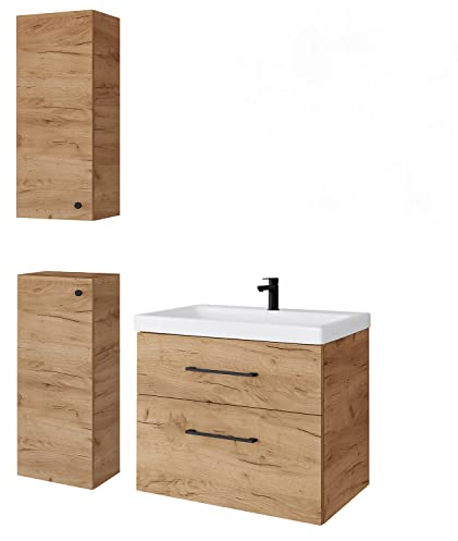 Planetmöbel Badmöbel Set Waschtisch mit Unterschrank 63 x 60 x 36,5 cm, inkl. 2X Midischrank, moderner Waschbeckenunterschrank für Badezimmer, Gäste Bad & WC, Gold Eiche