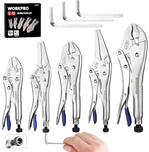 WORKPRO 5-Piece Pliers Set - 6, 7-', 10' Curved Jaw Pliers, Fast Release with 3pc Hex Keys