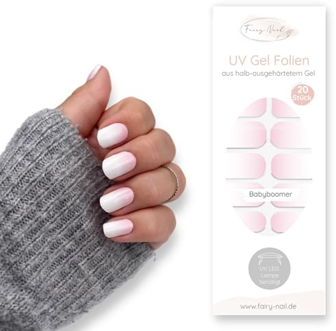 Fairy Nail UV Nagelfolien Babyboomer selbstklebende Gelfolien halb ausgehärtet 20 Stück Nailwraps Nagellackstreifen zum aufkleben (Babyboomer)