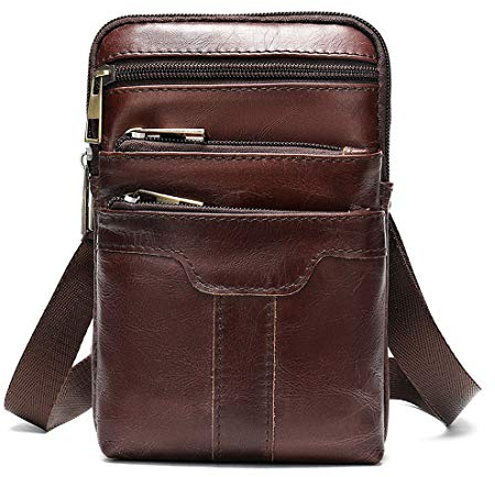 Umhängetasche Herren Leder, Vintage Look Männer Ledertasche Mini, Männer Handy Schultertasche Herrenhandtasche Messanger Bag Wasserdichte Reißverschluss Portemonnaie Schultertasche mit Gürtelschlaufe