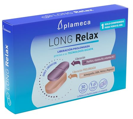 Plameca Long Relax - Fórmula Natural con Ashwagandha, Melisa, Pasiflora, Gaba, Magnesio, Vitamina B6 y B12 - Relax y Tranquilidad - 1 Solo Comprimido para Todo el Día - 30 Comprimidos