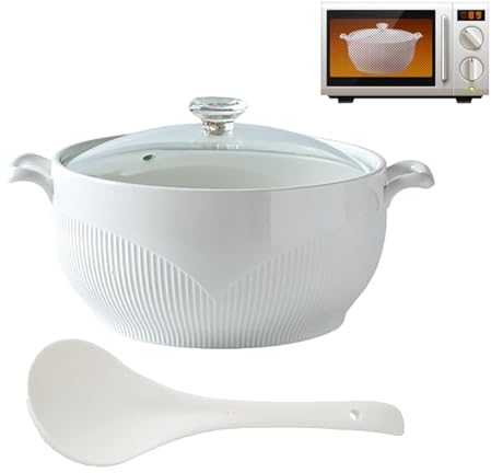 SIULAS Soupière Ronde en céramique, Soupière en céramique Blanche avec Couvercle en Verre et louche, Bol à Soupe en céramique avec Couvercle en Diamant,Blanc,3000ml