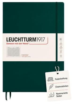 LEUCHTTURM1917 370266 Notizbuch Master Classic (A4+) Hardcover, 235 nummerierte Seiten, Forest Green, kariert | 235 nummerierte Seiten, Fadenheftung, Forest Green, 100 g/m², säurefrei, Falttasche