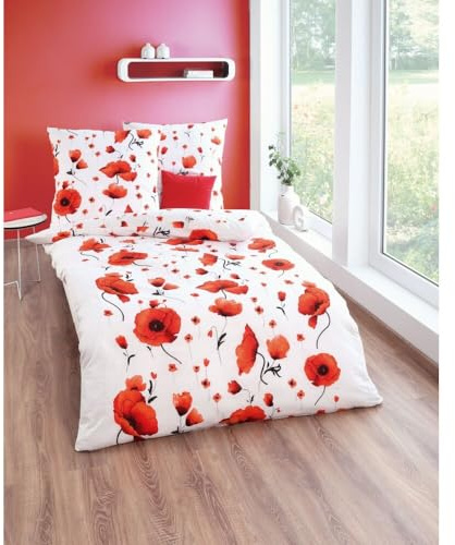 Kaeppel Bettwäsche Scarlett Poppies rot 100% Baumwolle Seersucker (080) (1 x 80x80 + 1 x 135x200 cm)