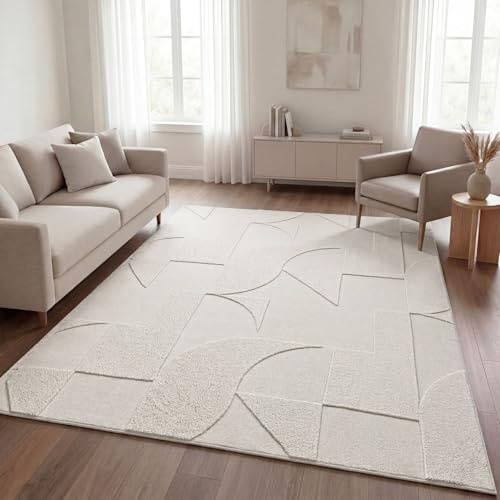 TT Home Wohnzimmer Teppich Schlafzimmer Hochflor Skandinavisches Design Unifarben Geometrisch Boho Style Modern Waschbar, Farbe:Creme, Größe:160x220 cm