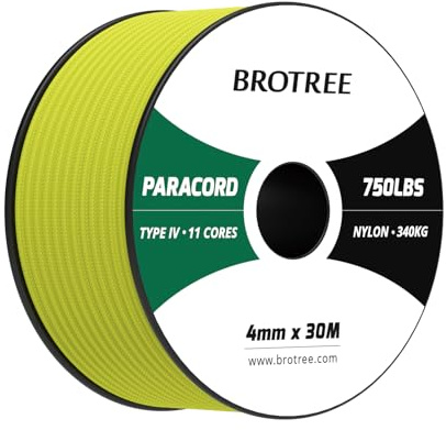 Brotree Paracord 750lbs 4mm 30M 100% Nylonrep 11 Trådar Snöre Typ IV för Utomhus, Camping, Hundkoppel, DIY, Hantverk - 340kg Brottlast (Neongul)