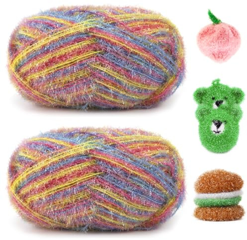 JeogYong Scrubby Yarn 2 Skeins (2 x 100g, 2 x 218yd) Scrubby Sparkle Yarn, Fluffy Polyester Scrubbie Yarn for Crocheting Knitting Dishcloths Washcloths DIY Projects