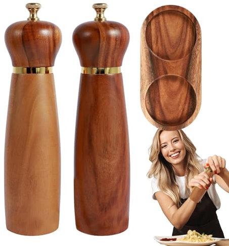 Salz und Pfeffermühle Set aus Holz, Salz und Pfeffermühle Set - Pfeffermühle und Chili Mühle mit Standtablett, manuell verstellbare Chilimühlen, Chilimühle