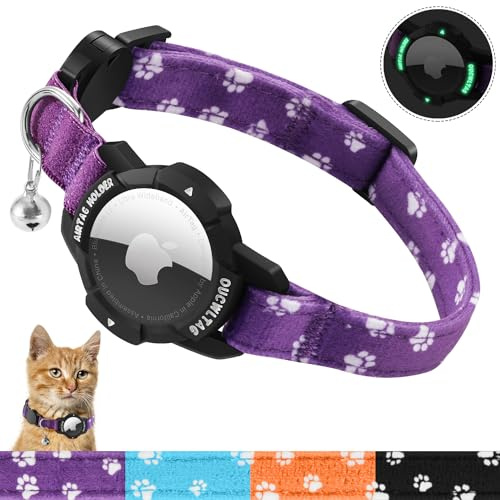 MASERFOLA Katzenhalsband Airtag mit leuchtendem Apple Air Tag Halter, Sicherheitsverschluss & Elastischer Gummiband, Katzenkratzmuster-Design, Verstellbar Halsband Katze (Lila, 20-30cm)