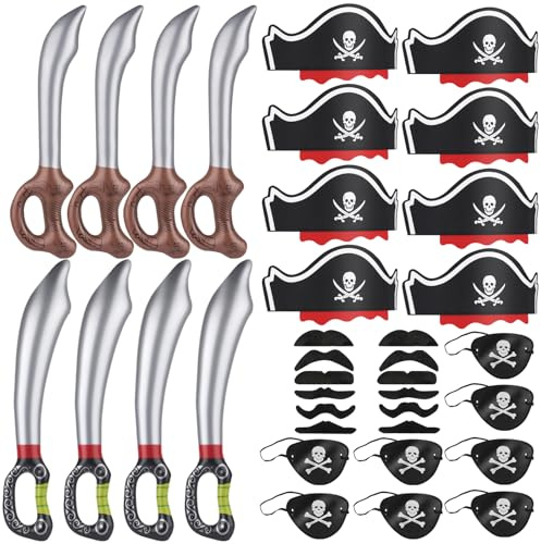 kayqbonke 36 Stück Piratenparty Kindergeburtstag, Piratenhut, Aufblasbares Piraten Spielzeug, Piraten Augenklappe, Falsche Schnurrbärte, Geschenkboxen für Geburtstag Halloween Maskerade Piratenparty