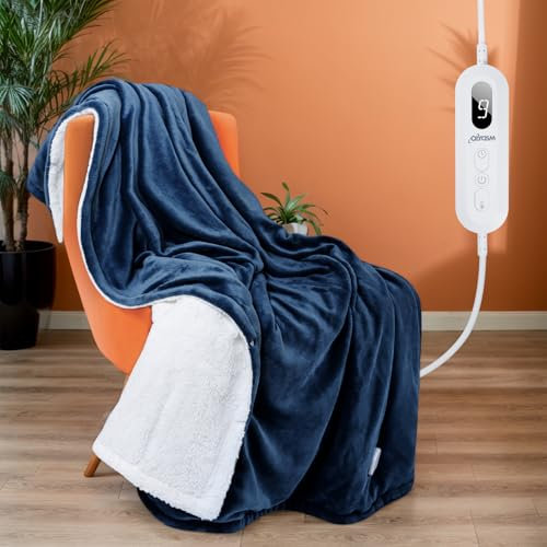 Olycism Electric Blanket 160x130cm Heated Blanket Heated Throw Blanket 9 Heat Levels & Up to 10 Hours Auto-Off Timer & LED Display Electric Throw Blanket Washable for Sofa Home Office Navy Blue