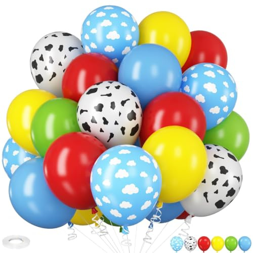 HILAVO Toy Inspired Story Balloons 12 Inch Cow Print Blue Cloud Balloons | Red Blue Yellow Green Balloon for Kids Boys Birthday Party Farm Themed Party Decorations