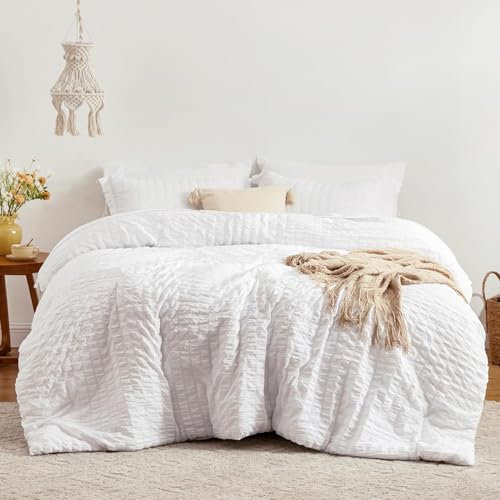 Tospass Housse de Couette Seersucker 220x240cm Blanc Gaufré Rayé Elegant Parure de Lit 2 Personne Adulte avec Fermeture Éclair Linge de lit en Microfibre Rayures avec 2 Taies d'oreiller 65x65cm