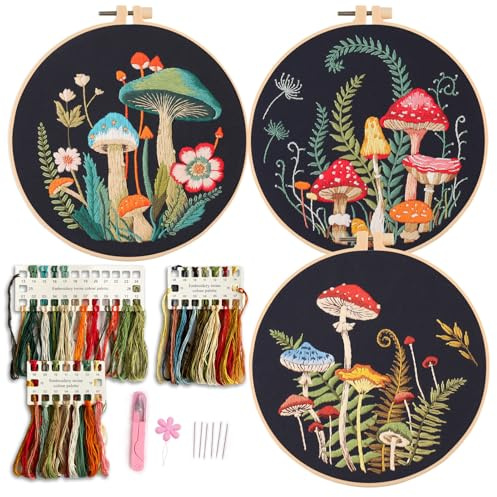 Myfelicity Embroidery Kit with Mushroom Patterns, 3 Hoops, Fabric, Threads, Needles, Instructions (red)