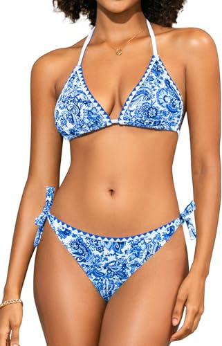 SHEKINI Damen Triangel Schnürschuh Bikini Set Badeanzug Rückenfrei Strandkleidung Boho Bedruckter Zweiteiliger Bademode