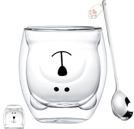 Prismoria Tazze da caffè in vetro a doppia parete con cucchiaio, da 250 ml, isolate, per cappuccino, latte macchiato, resistenti al calore (orso bianco con cucchiaio)