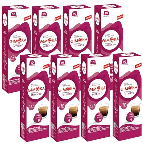 Gimoka, Capsules de café Espresso Intenso, Intensité 9/10, 80 capsules Compatibles avec les machines à café de la marque Caffitaly et Tchibo Cafissimo, 8 boîtes de 10