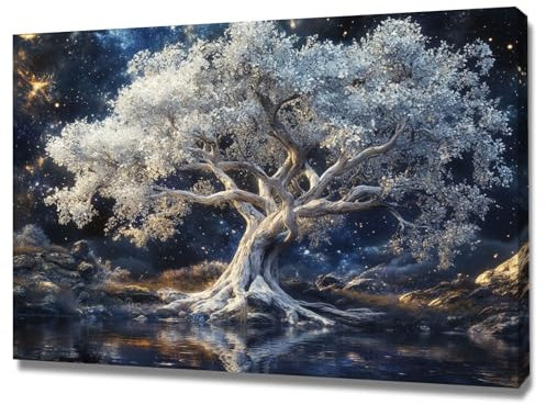 WUFIEA Albero Della Vita Quadri, Cielo stellato dell'albero d'argento Decorazione Murale Camera da letto Soggiorno Quadro - 70x100cm Incorniciato(grigio)
