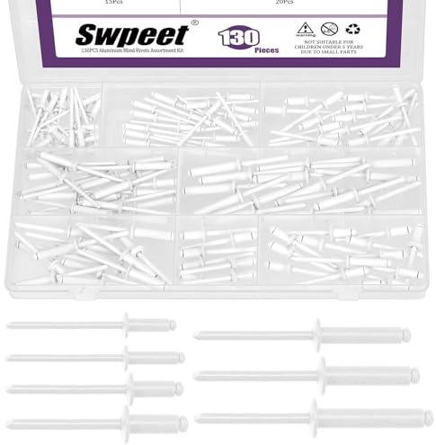 Swpeet 130 piezas 7 tamaños kit de surtido de remaches ciegos de aluminio con flanco grande blanco, remaches ciegos tipo Pop de aluminio con mango y espárrago de acero para metal, muebles, automóvil