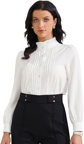Allegra K Women's Retro Ruffled Button Down Shirts Casual Long Sleeve Blouse Elegant Work Tops White S