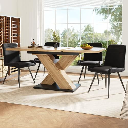 ModernLuxe Extendable Dining Table, Sturdy Kitchen Table with Iron Telescopic Pole, Simple and Exquisite, Elegant Crossed Legs Design, 4 Adjustable Feet on Bottom, Natural Wood Grain, 119-158.5×80cm