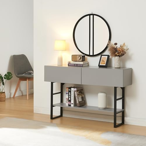 [en.casa] Konsolentisch schmal Varberg Flurtisch mit 2 Schubladen rechteckig Ablagetisch verstellbare Ablage Metallgestell 75 x 120 x 30 cm Hellgrau